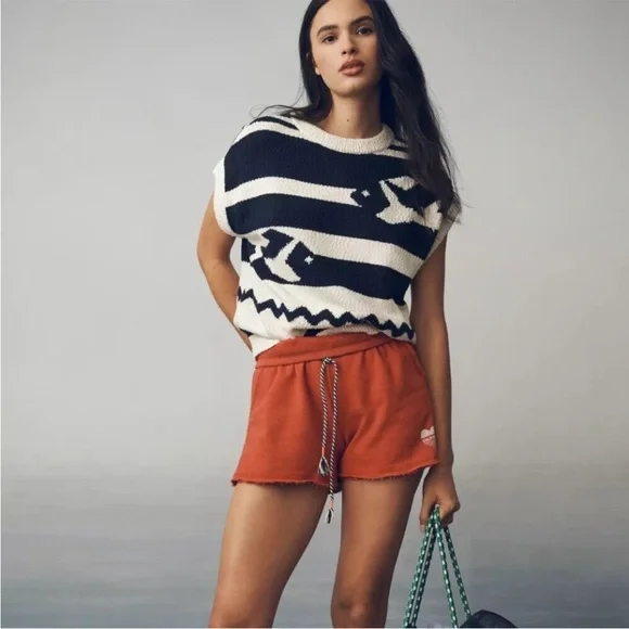 Anthropologie Maeve Crewneck Fish Motif Sweater Vest Cream Blue Large Sardine - Picture 2 of 13